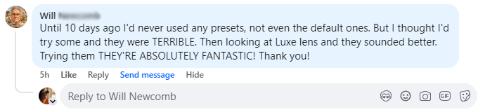 Feedback from a Luxe Lens customer