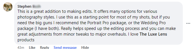 Feedback from a Luxe Lens customer